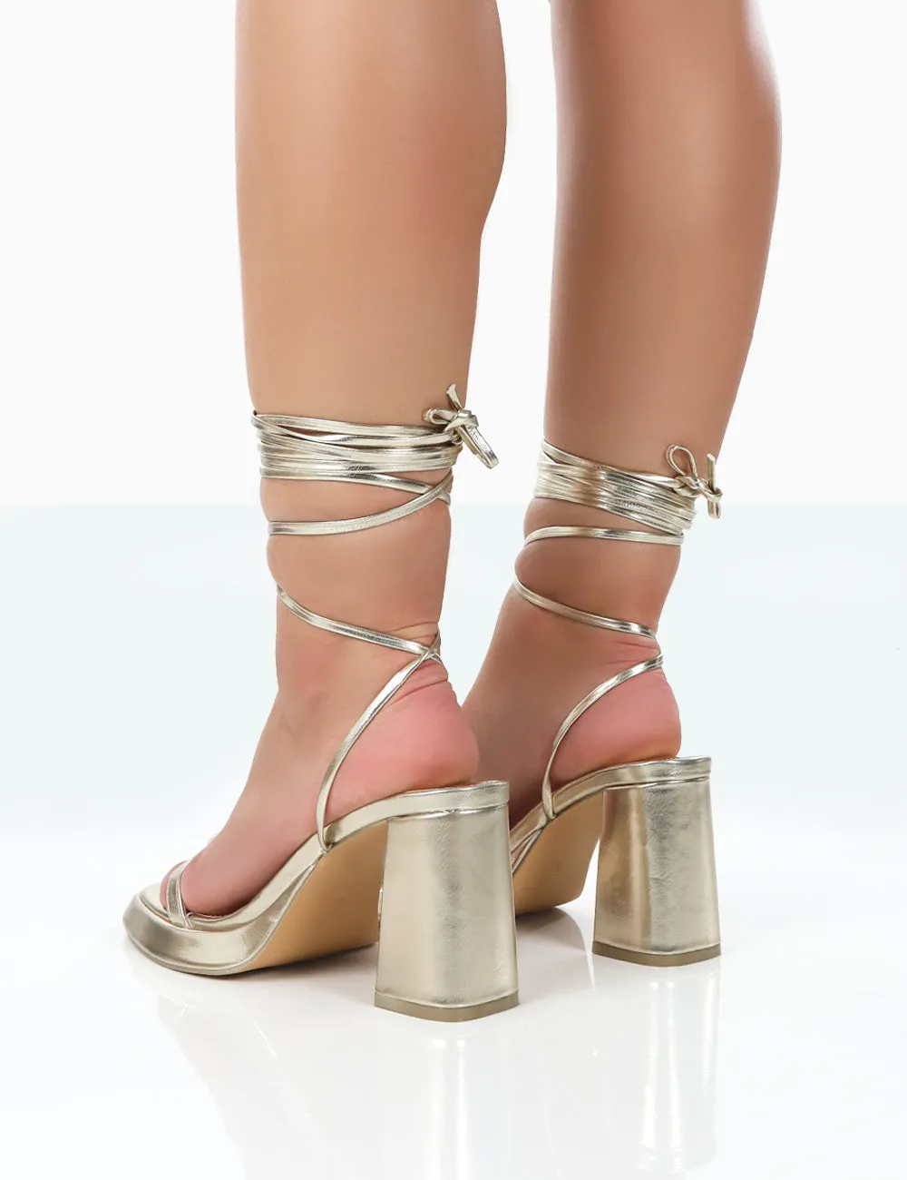 Jaipur Gold Metallic Grain PU Strappy Squared Toe Mid Heels