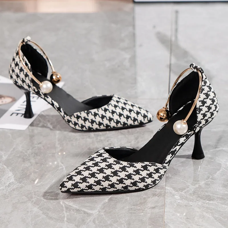 Joskaa 2024 Sexy Ladies High Heels Women Stiletto Houndstooth Color Matching Metal Pointed Toe Shoes For Wedding Women