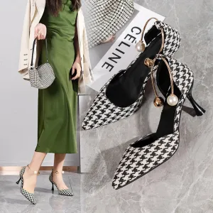 Joskaa 2024 Sexy Ladies High Heels Women Stiletto Houndstooth Color Matching Metal Pointed Toe Shoes For Wedding Women