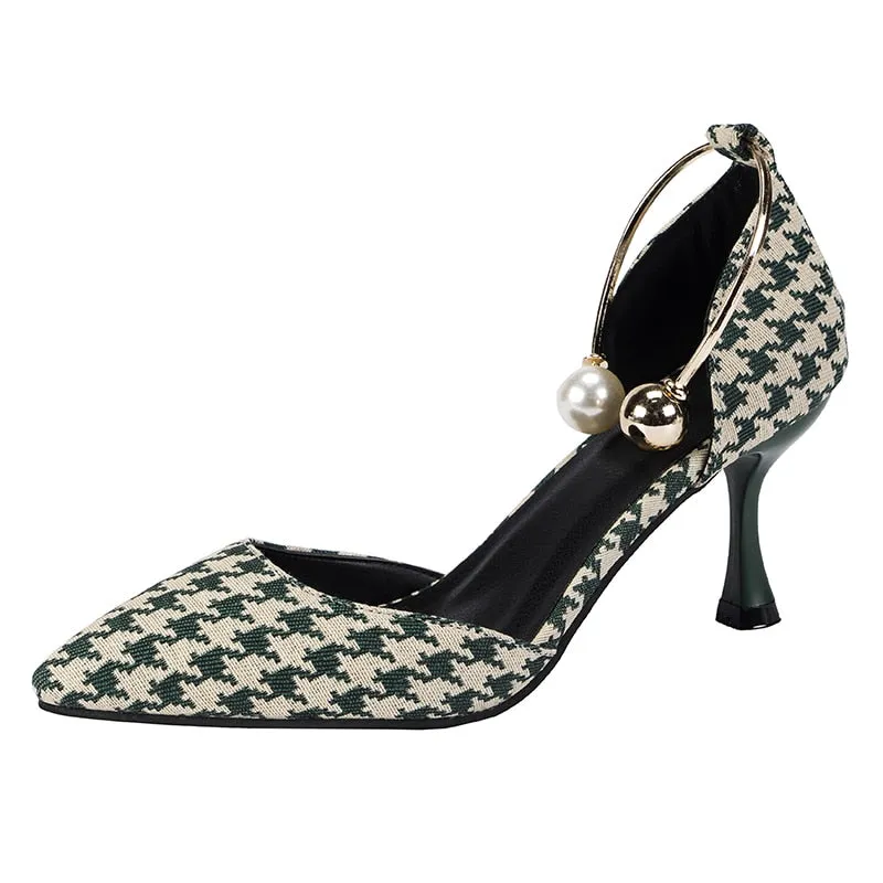 Joskaa 2024 Sexy Ladies High Heels Women Stiletto Houndstooth Color Matching Metal Pointed Toe Shoes For Wedding Women