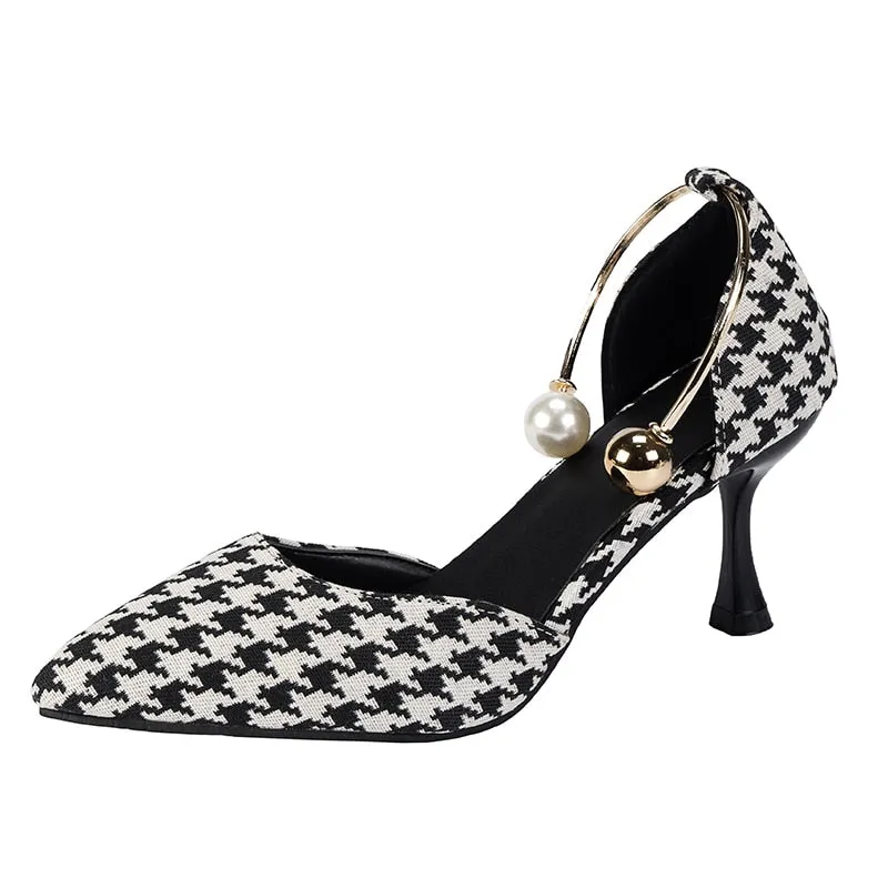 Joskaa 2024 Sexy Ladies High Heels Women Stiletto Houndstooth Color Matching Metal Pointed Toe Shoes For Wedding Women