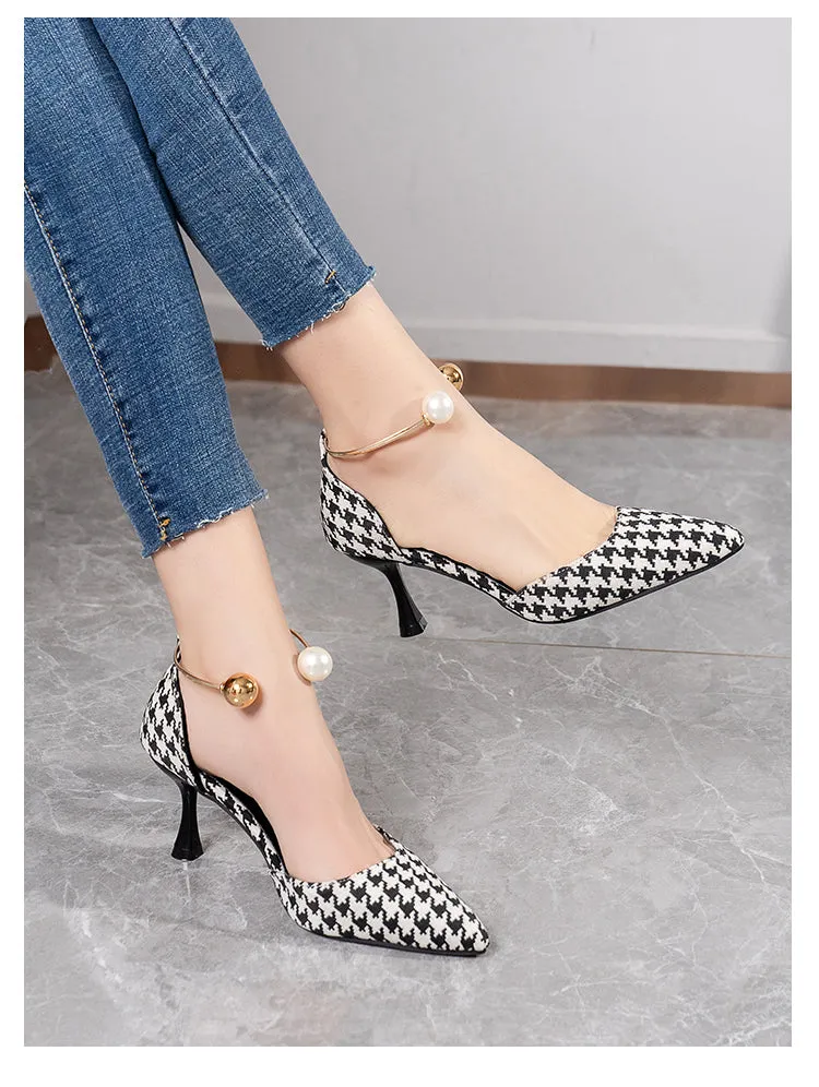 Joskaa 2024 Sexy Ladies High Heels Women Stiletto Houndstooth Color Matching Metal Pointed Toe Shoes For Wedding Women