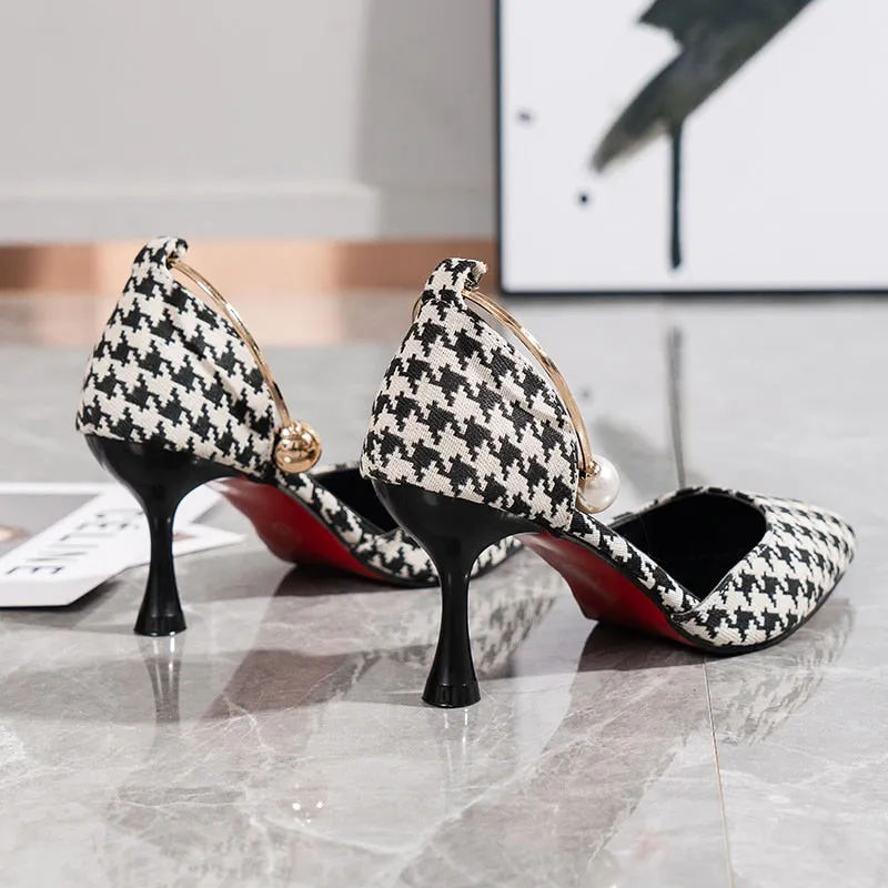 Joskaa 2024 Sexy Ladies High Heels Women Stiletto Houndstooth Color Matching Metal Pointed Toe Shoes For Wedding Women