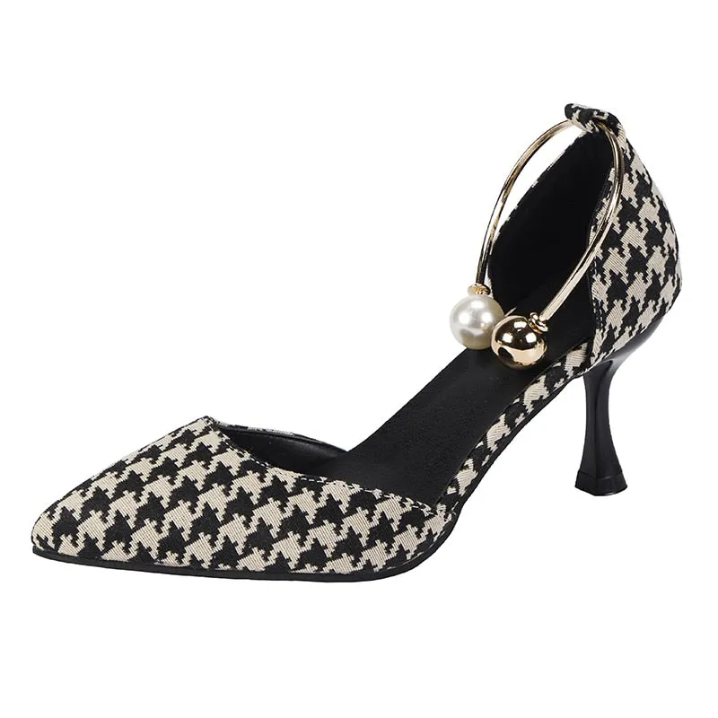 Joskaa 2024 Sexy Ladies High Heels Women Stiletto Houndstooth Color Matching Metal Pointed Toe Shoes For Wedding Women