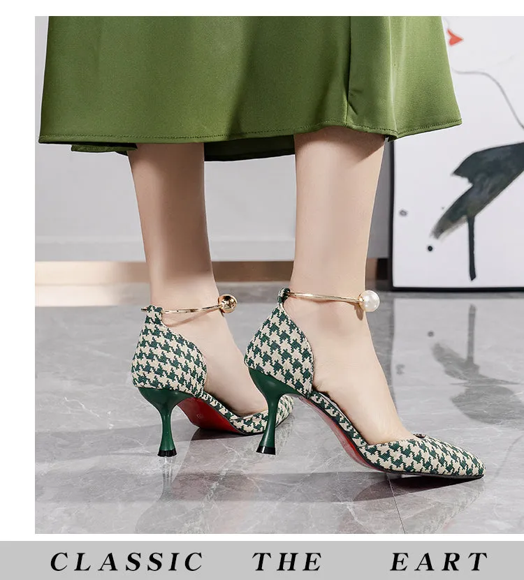 Joskaa 2024 Sexy Ladies High Heels Women Stiletto Houndstooth Color Matching Metal Pointed Toe Shoes For Wedding Women