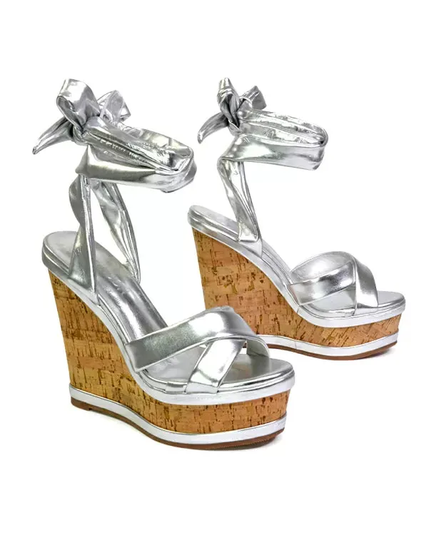 Kammie Lace Up Strappy Cork Wedge Heel Sandals Platform Shoes in White