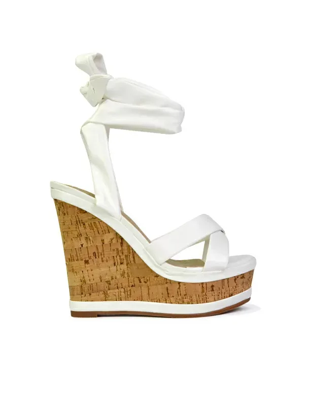 Kammie Lace Up Strappy Cork Wedge Heel Sandals Platform Shoes in White