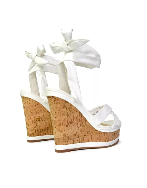 Kammie Lace Up Strappy Cork Wedge Heel Sandals Platform Shoes in White