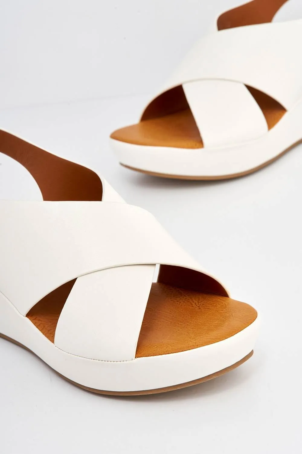 Klara Criss-Cross Straps Wedge Sandals in White