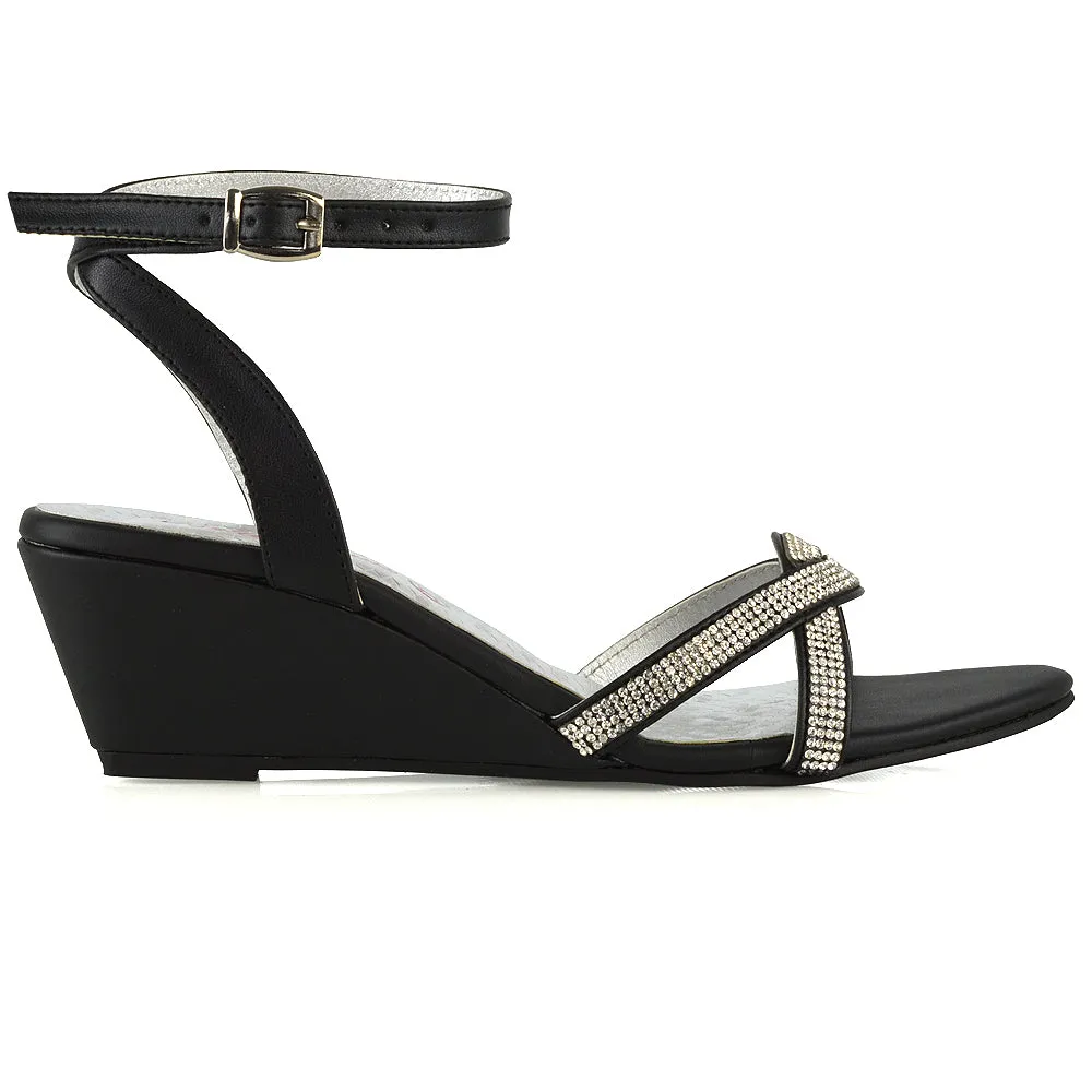 Livvy Diamante Embellished Low Heel Cross Over Strappy Wedge Sandals in Black