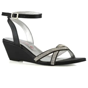 Livvy Diamante Embellished Low Heel Cross Over Strappy Wedge Sandals in Black