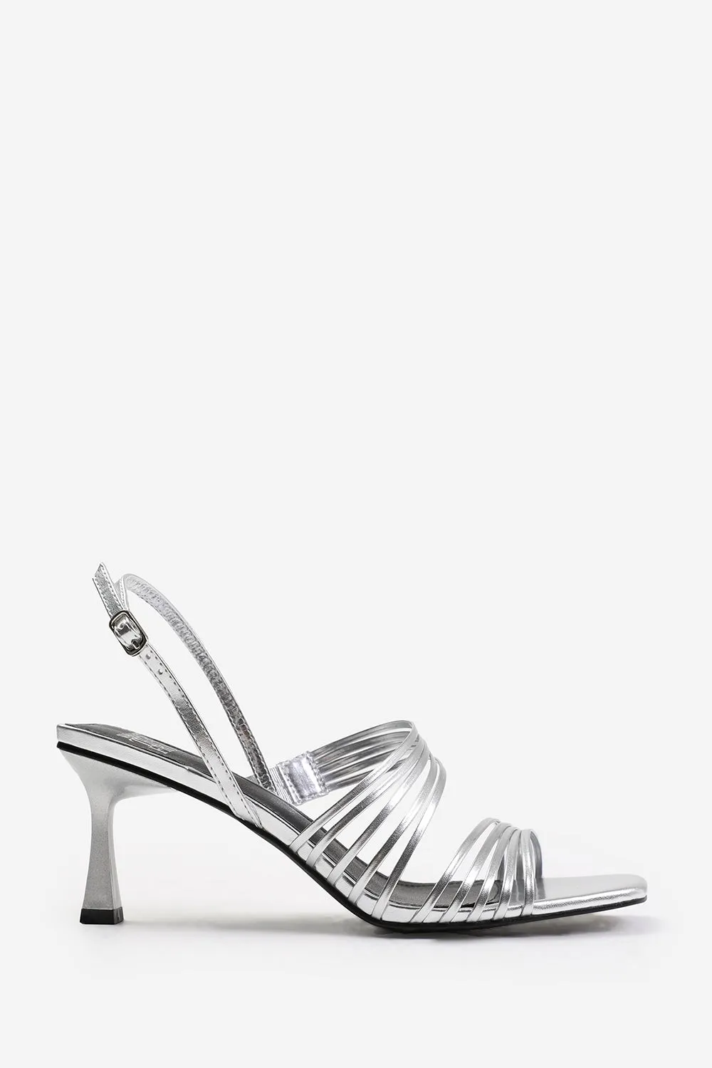LUISA SQUARE TOE LOW BLOCK SLINGBACK HEEL WITH MULTI STRAP DETAIL IN SILVER METALLIC FAUX LEATHER