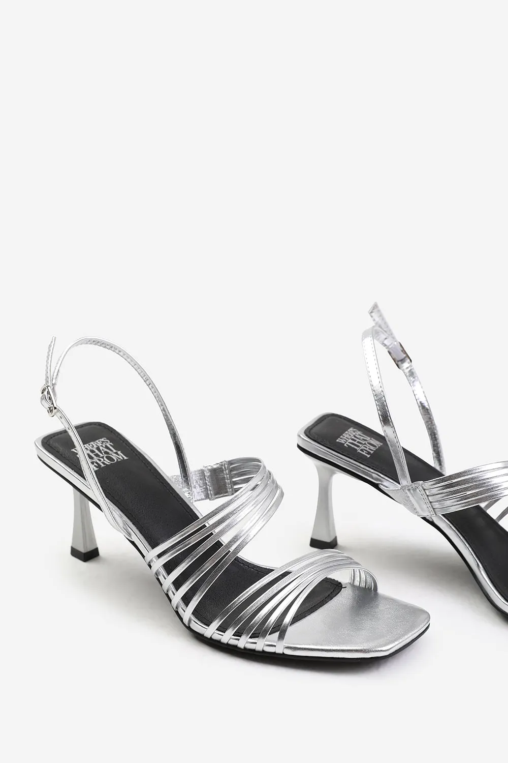 LUISA SQUARE TOE LOW BLOCK SLINGBACK HEEL WITH MULTI STRAP DETAIL IN SILVER METALLIC FAUX LEATHER