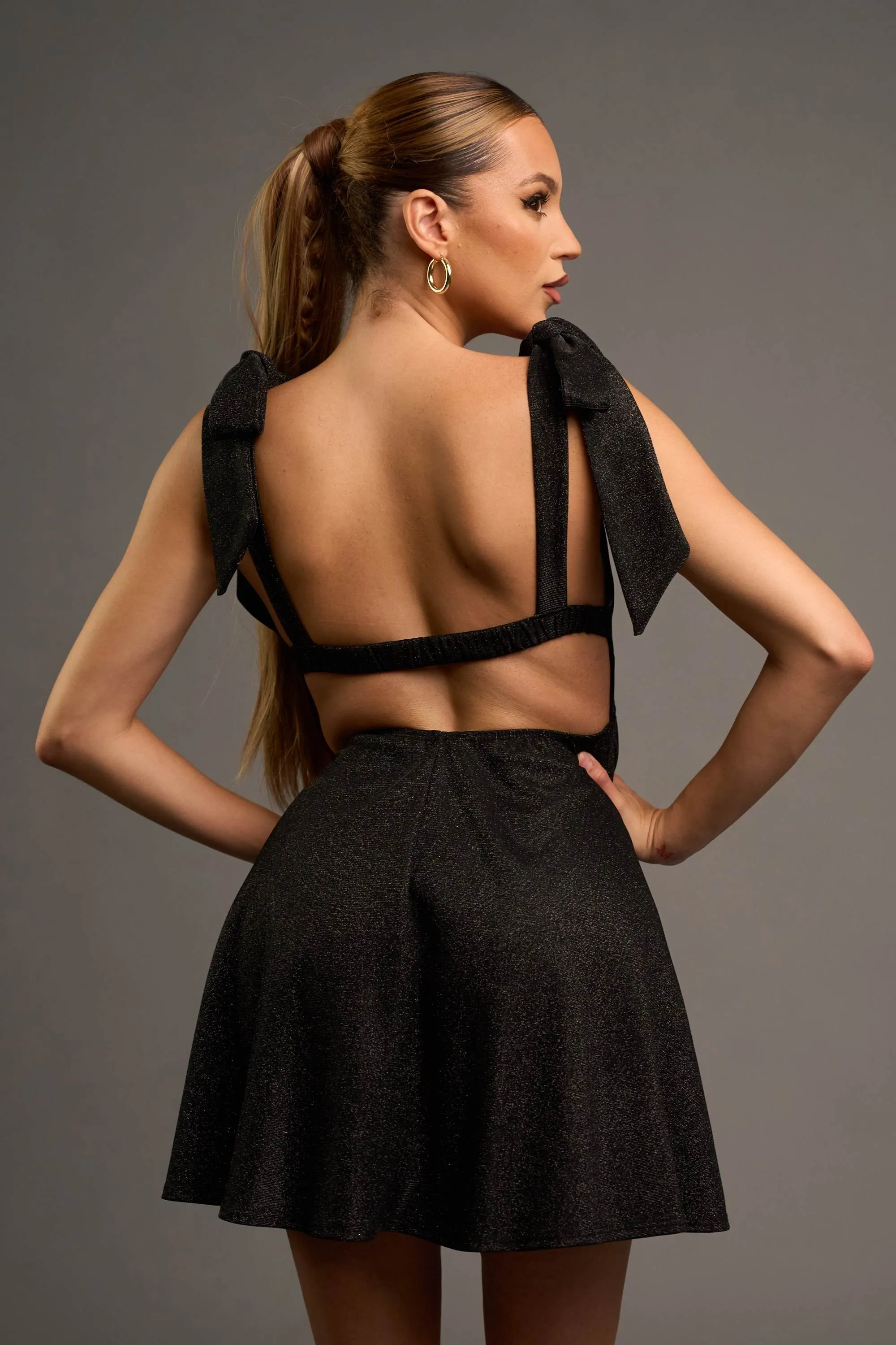 LUXE GALAXY GLITTER BOW TIES SKATER MINI DRESS