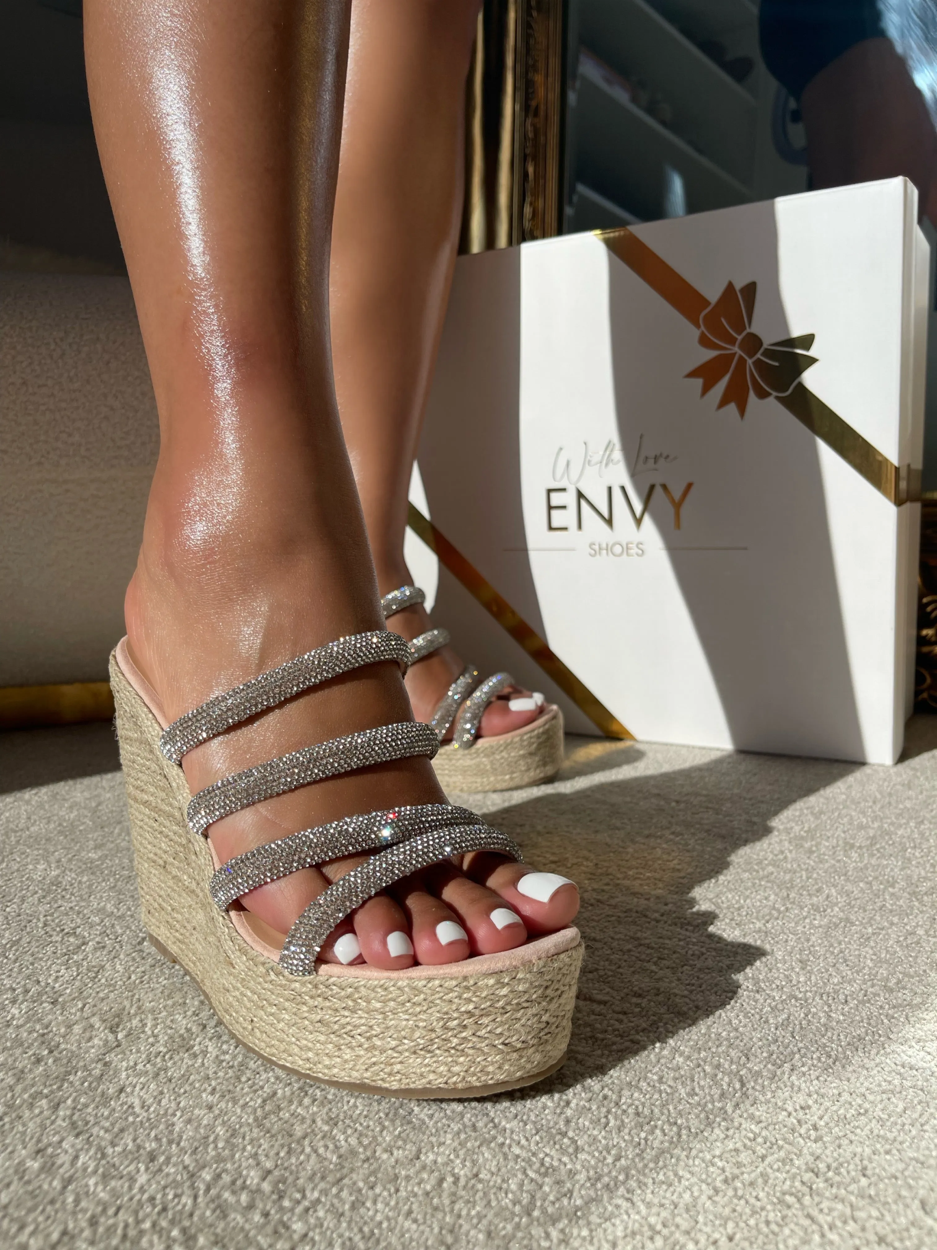 MANUELA STRAPPY NUDE SILVER DIAMANTE WEDGES