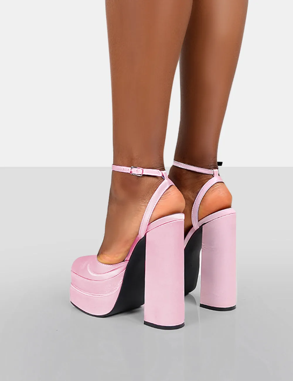 Moonchild Baby Pink Satin Closed Toe Statement Platform Block Heels