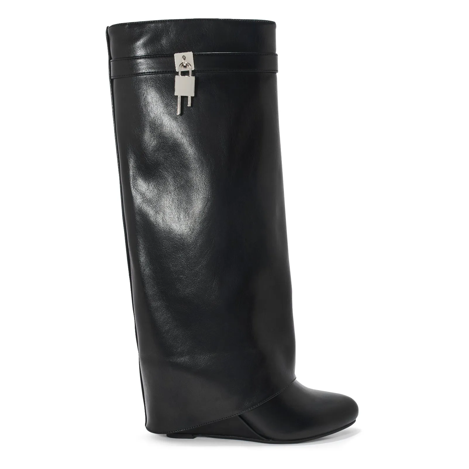 MORTITIA BLACK WEDGE KNEE HIGH OVERLAP BOOTS