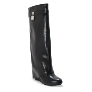 MORTITIA BLACK WEDGE KNEE HIGH OVERLAP BOOTS