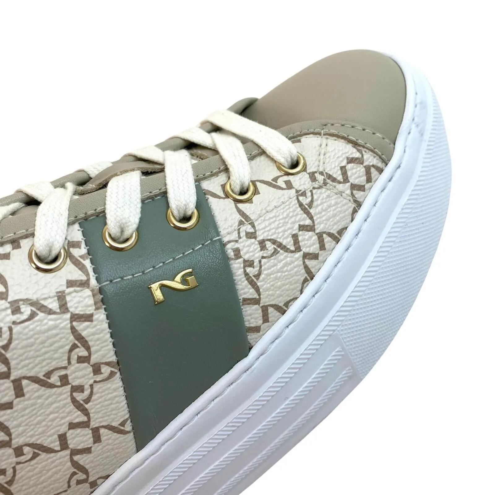 NeroGiardini Beige & Sage Green Leather Logo Sneakers