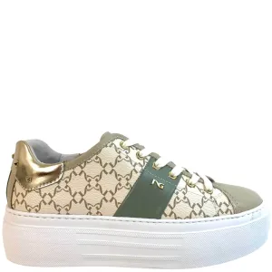 NeroGiardini Beige & Sage Green Leather Logo Sneakers