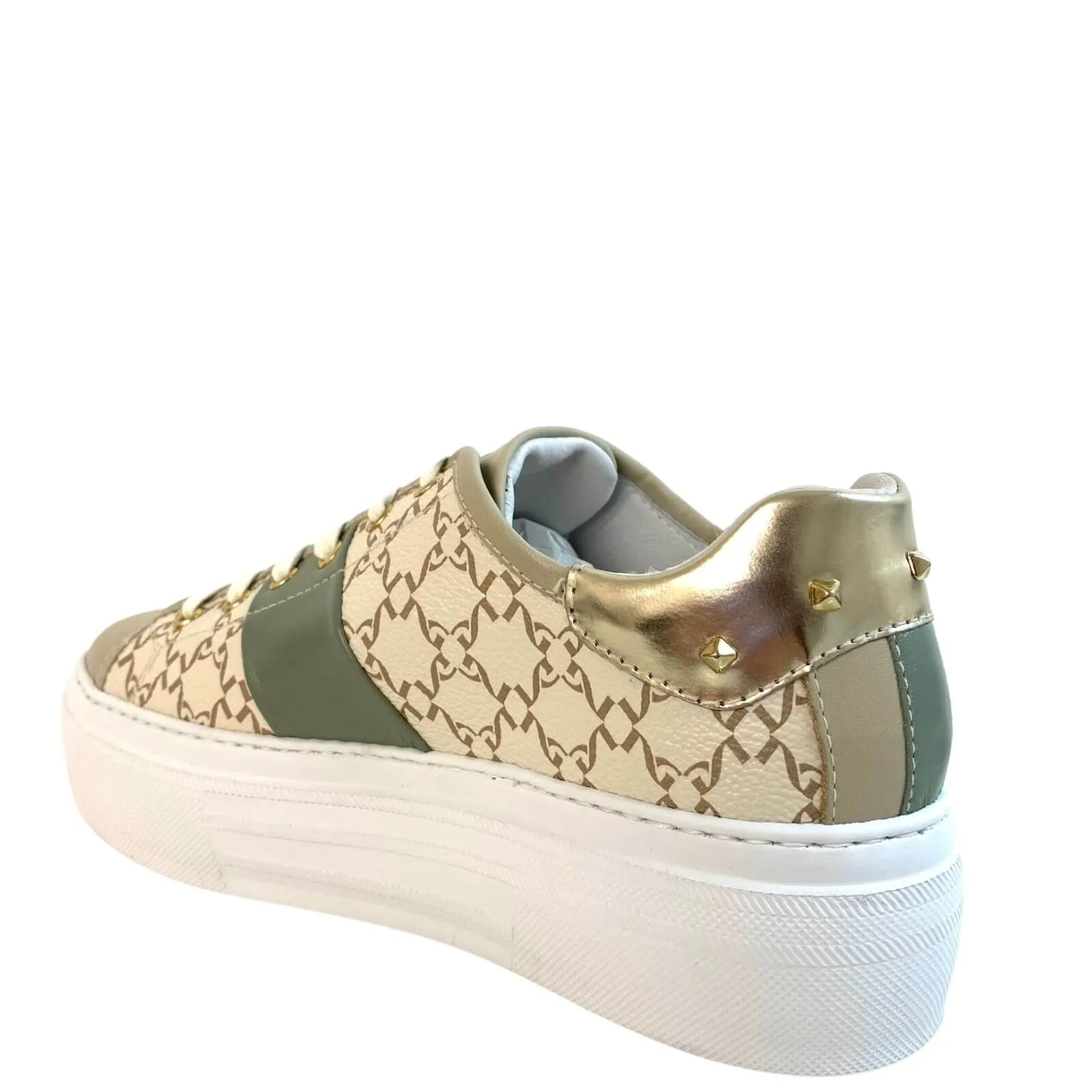 NeroGiardini Beige & Sage Green Leather Logo Sneakers