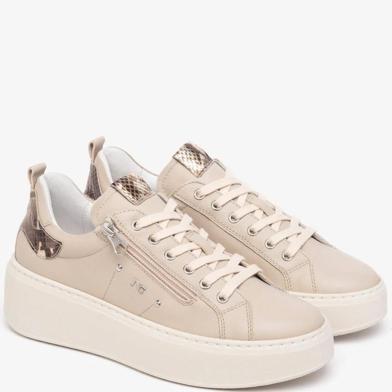 NeroGiardini Beige Leather Side Zip Sneakers