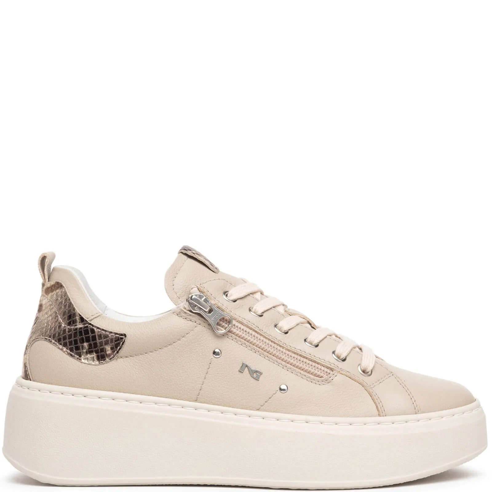 NeroGiardini Beige Leather Side Zip Sneakers