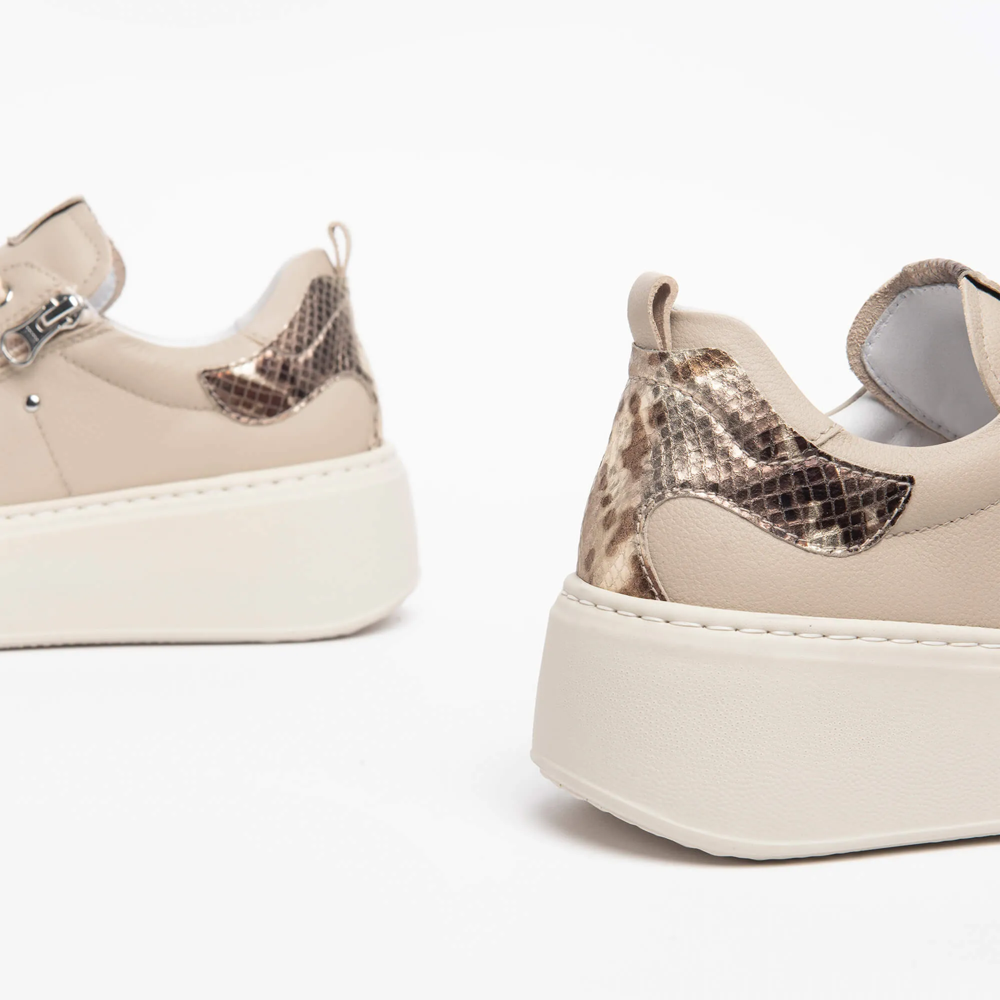 NeroGiardini Beige Leather Side Zip Sneakers