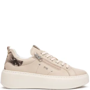 NeroGiardini Beige Leather Side Zip Sneakers