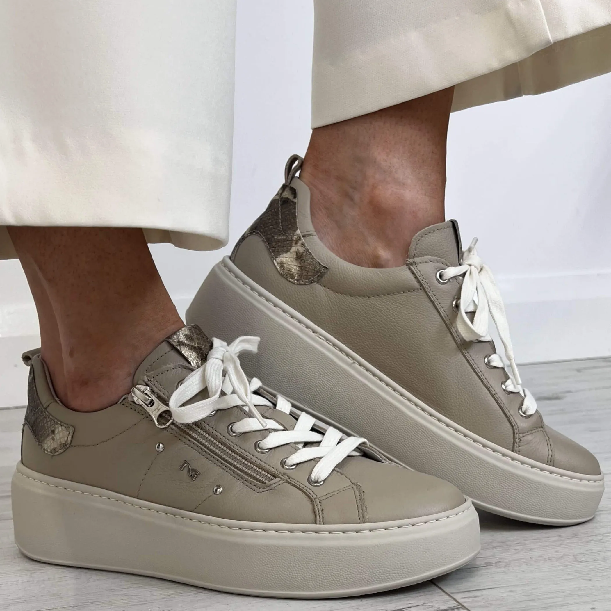 NeroGiardini Beige Leather Side Zip Sneakers