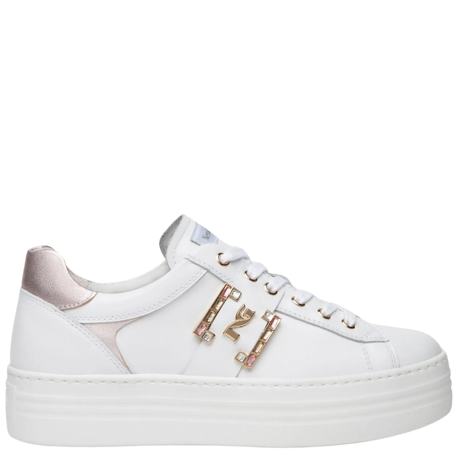 NeroGiardini White Leather Pink Sparkly Logo Sneakers