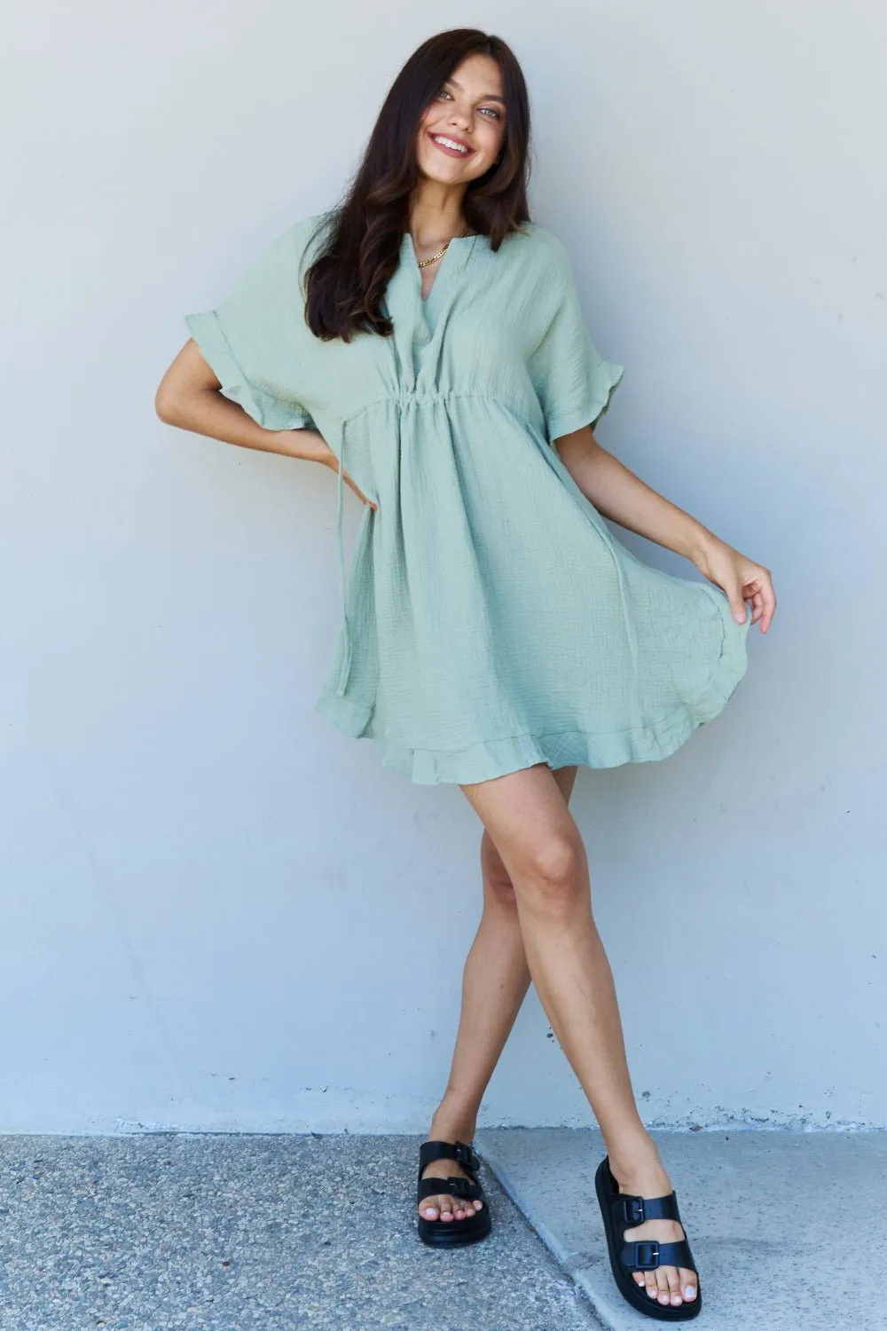Ninexis Out Of Time Ruffle Hem Dress with Drawstring Waistband in Light Sage