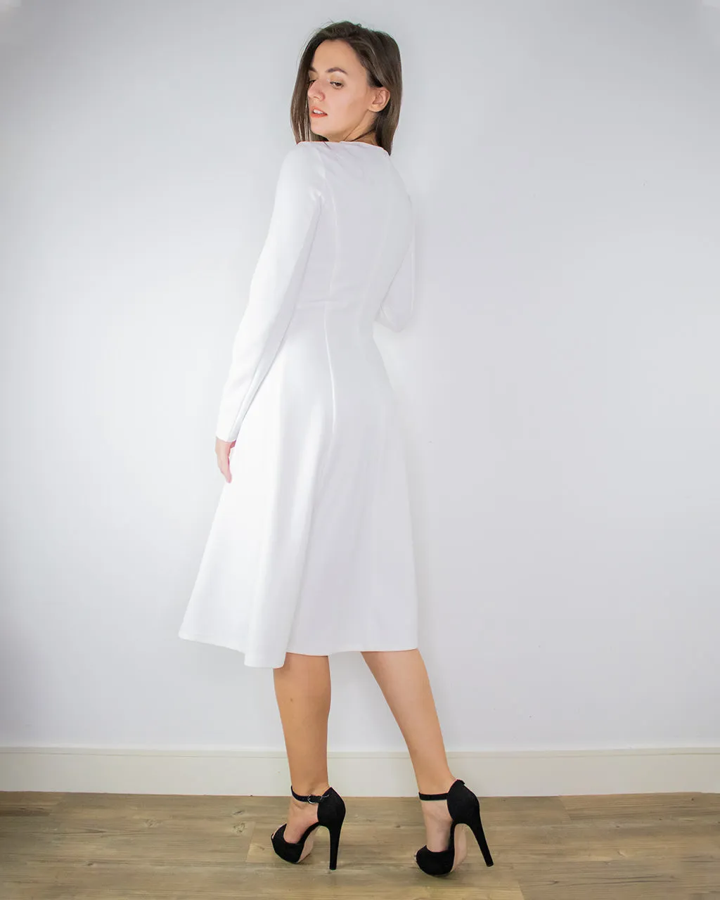 Nora White Midi Dress with Sleeves - White Skater Dress
