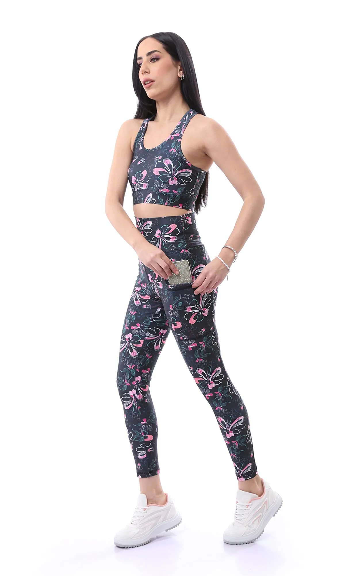 O167555 Wide Waist Floral Black & Pink Long Leggings