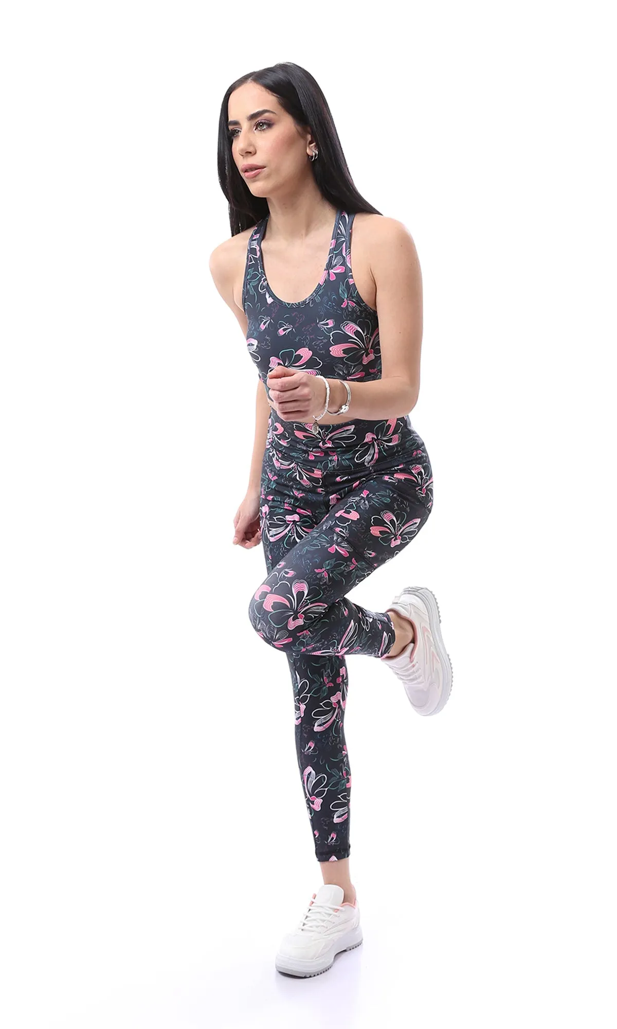 O167555 Wide Waist Floral Black & Pink Long Leggings