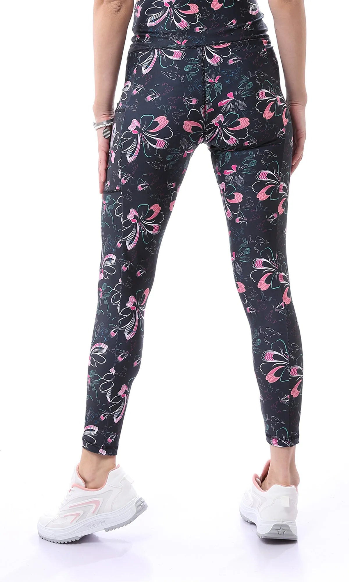 O167555 Wide Waist Floral Black & Pink Long Leggings