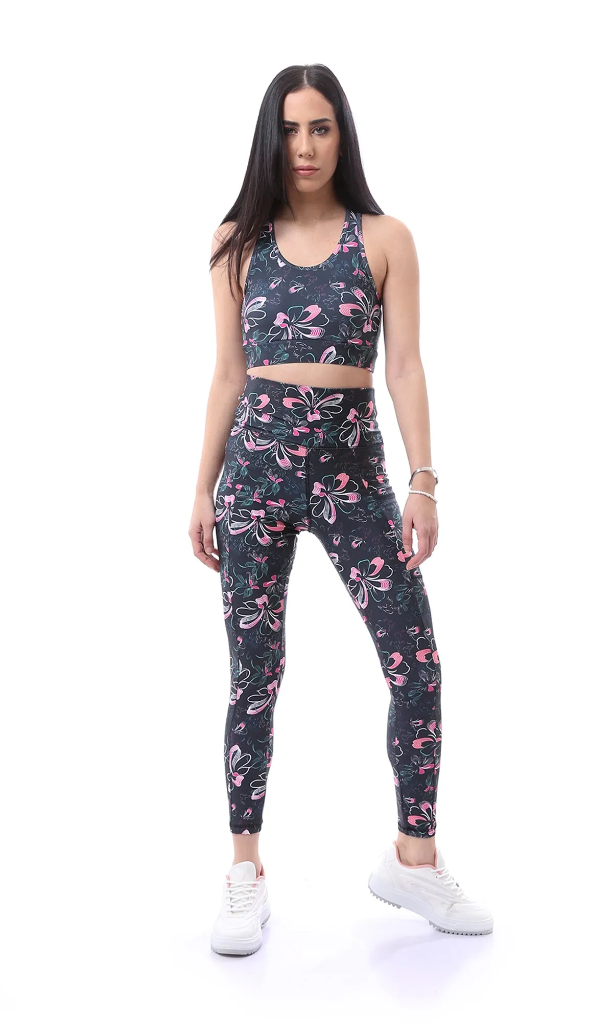 O167555 Wide Waist Floral Black & Pink Long Leggings