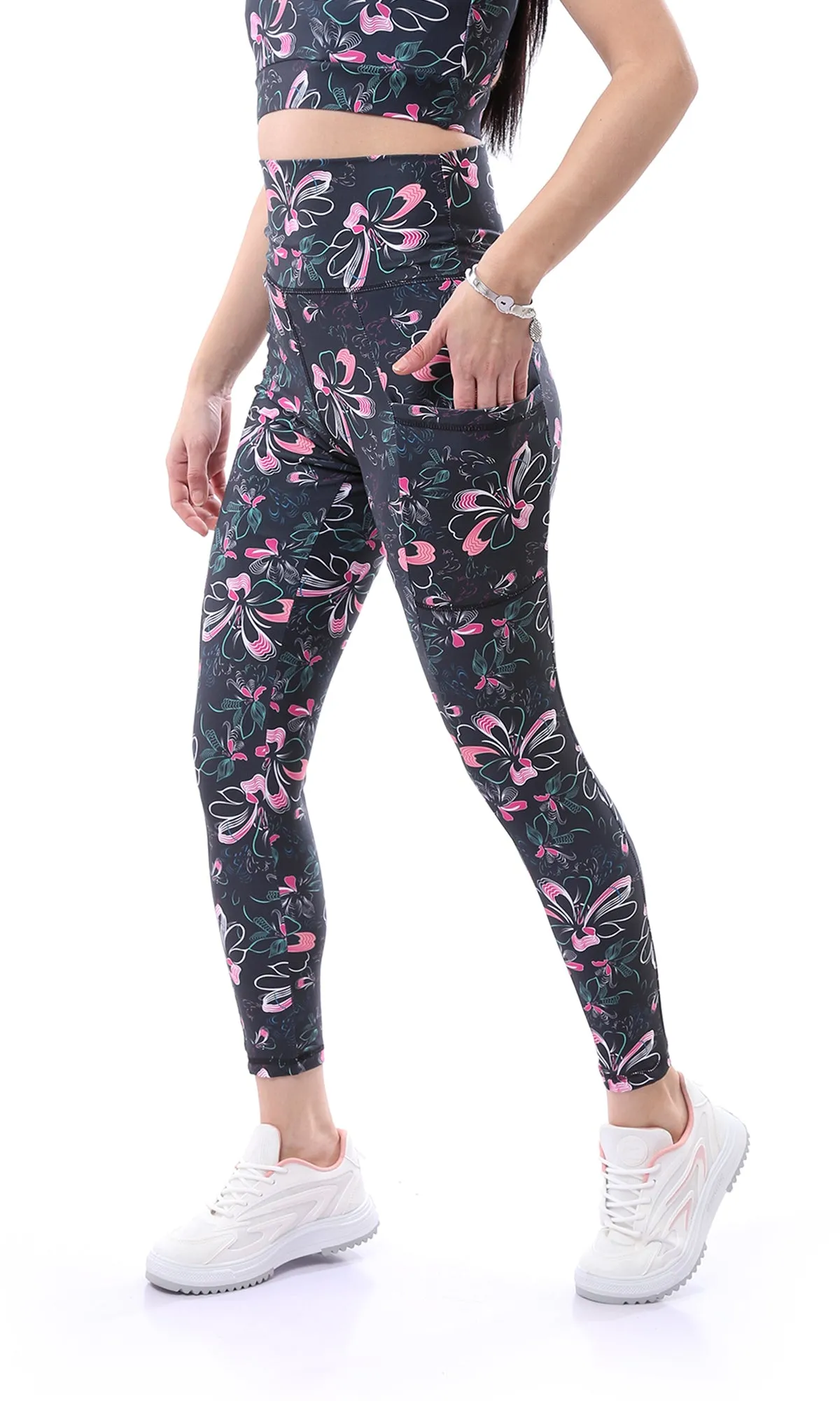 O167555 Wide Waist Floral Black & Pink Long Leggings