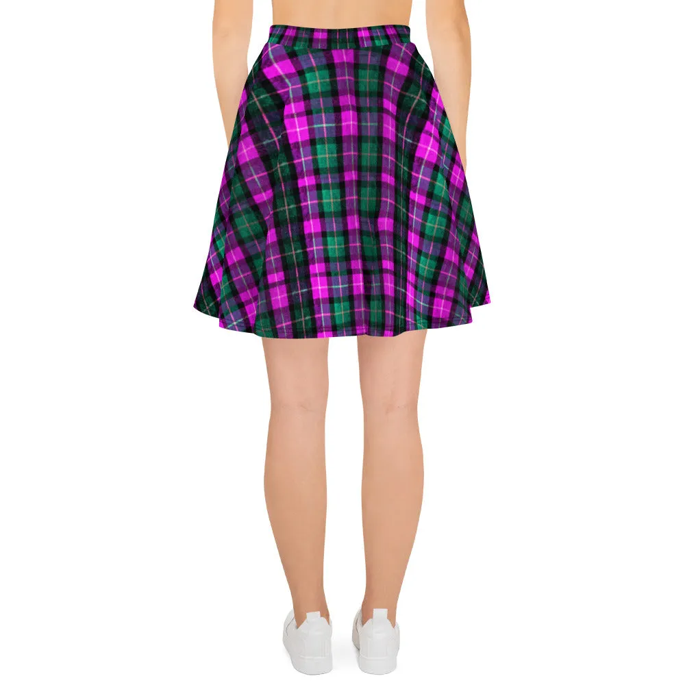 Pink Green Plaid Skater Skirt, Tartan Scottish Print High-Waisted Women's Skater Skirt-Made in USA/EU