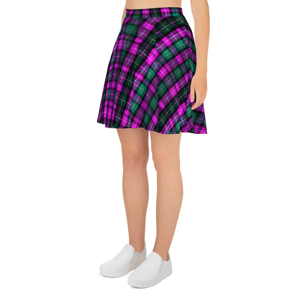 Pink Green Plaid Skater Skirt, Tartan Scottish Print High-Waisted Women's Skater Skirt-Made in USA/EU