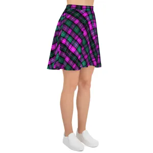 Pink Green Plaid Skater Skirt, Tartan Scottish Print High-Waisted Women's Skater Skirt-Made in USA/EU