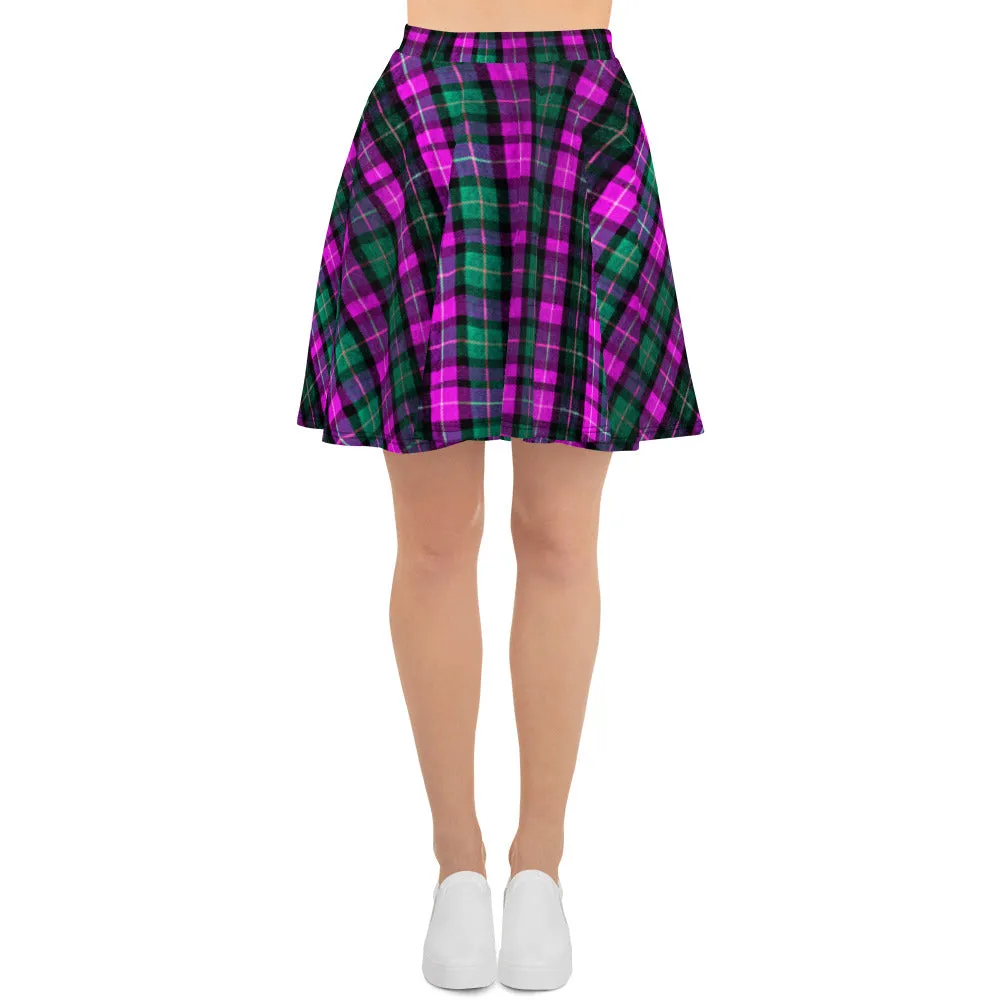 Pink Green Plaid Skater Skirt, Tartan Scottish Print High-Waisted Women's Skater Skirt-Made in USA/EU