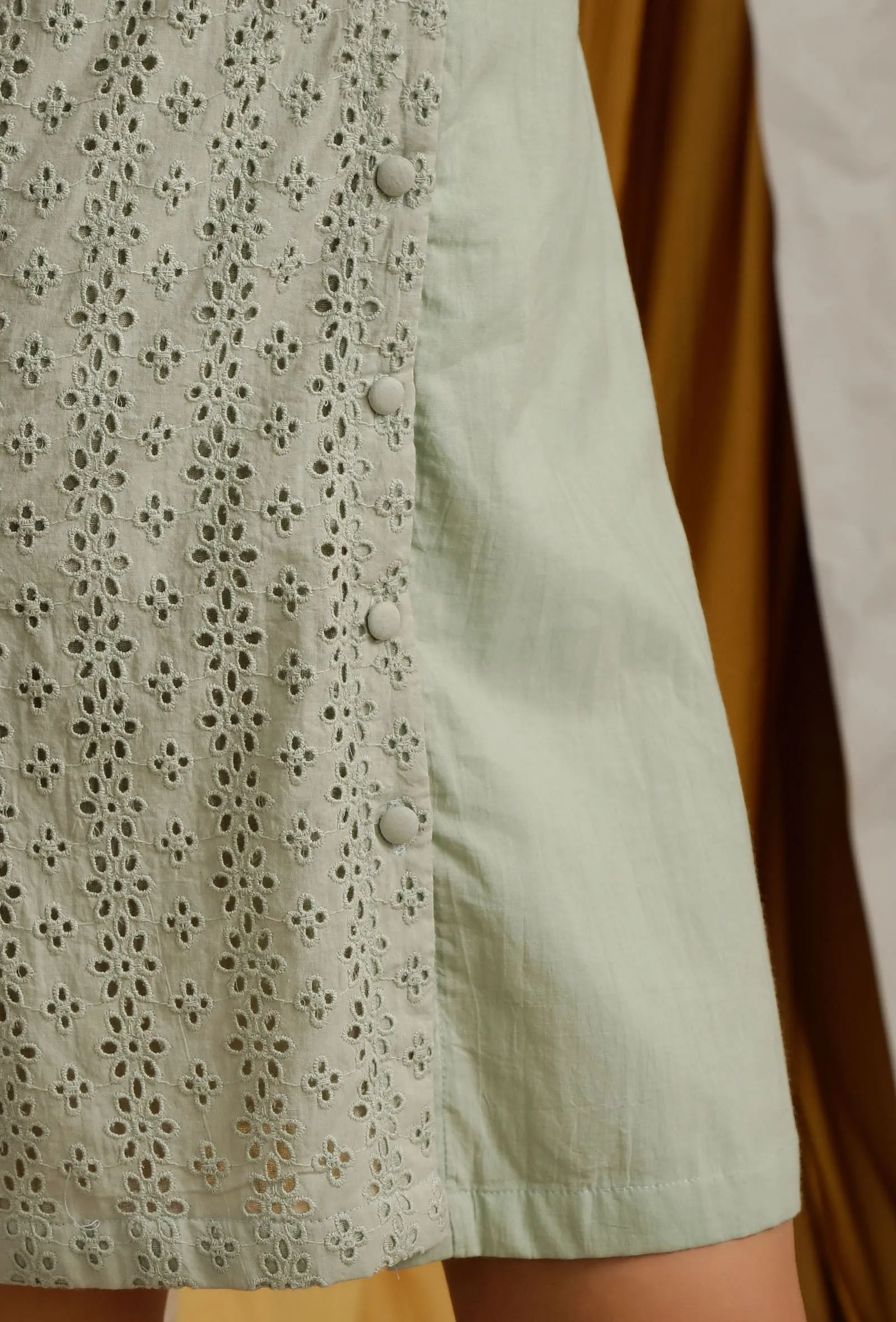 Pista Green Cotton Schiffli Front Buttoned Skater Dress