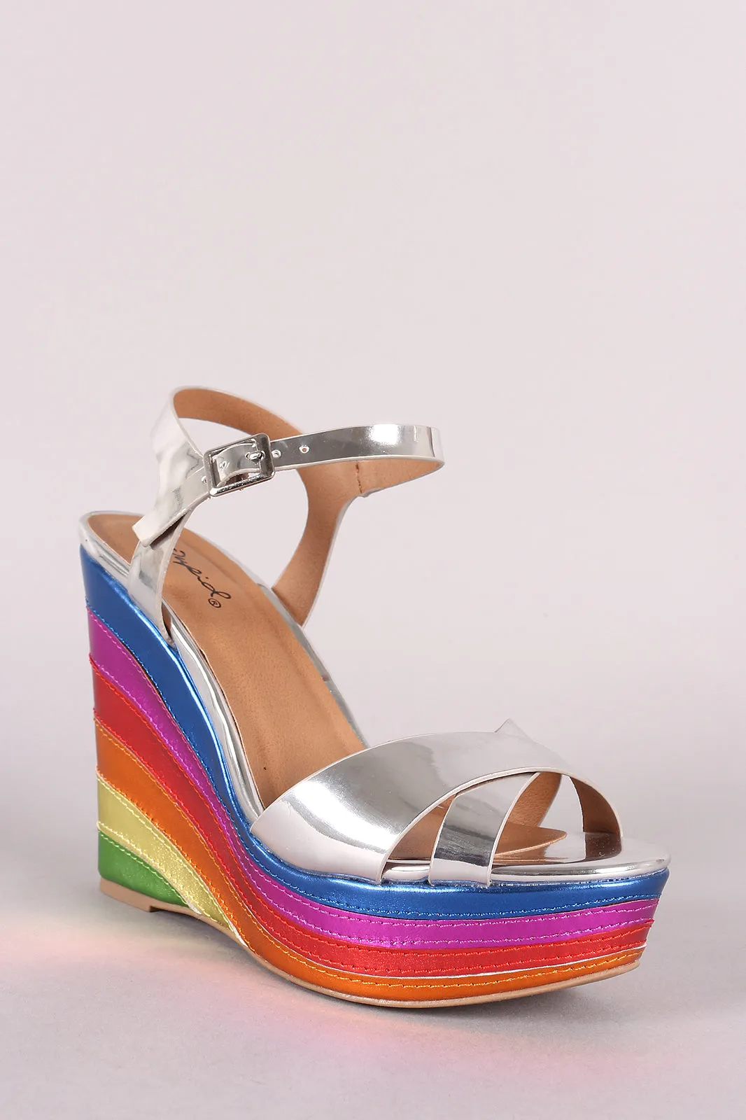 Qupid Multi Metallic Open Toe Platform Wedge