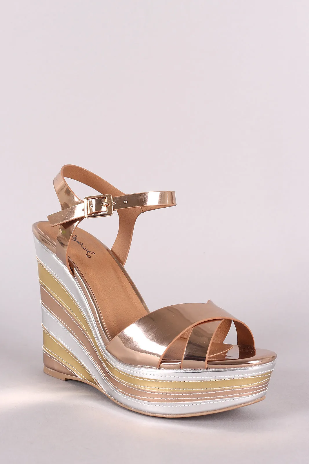 Qupid Multi Metallic Open Toe Platform Wedge