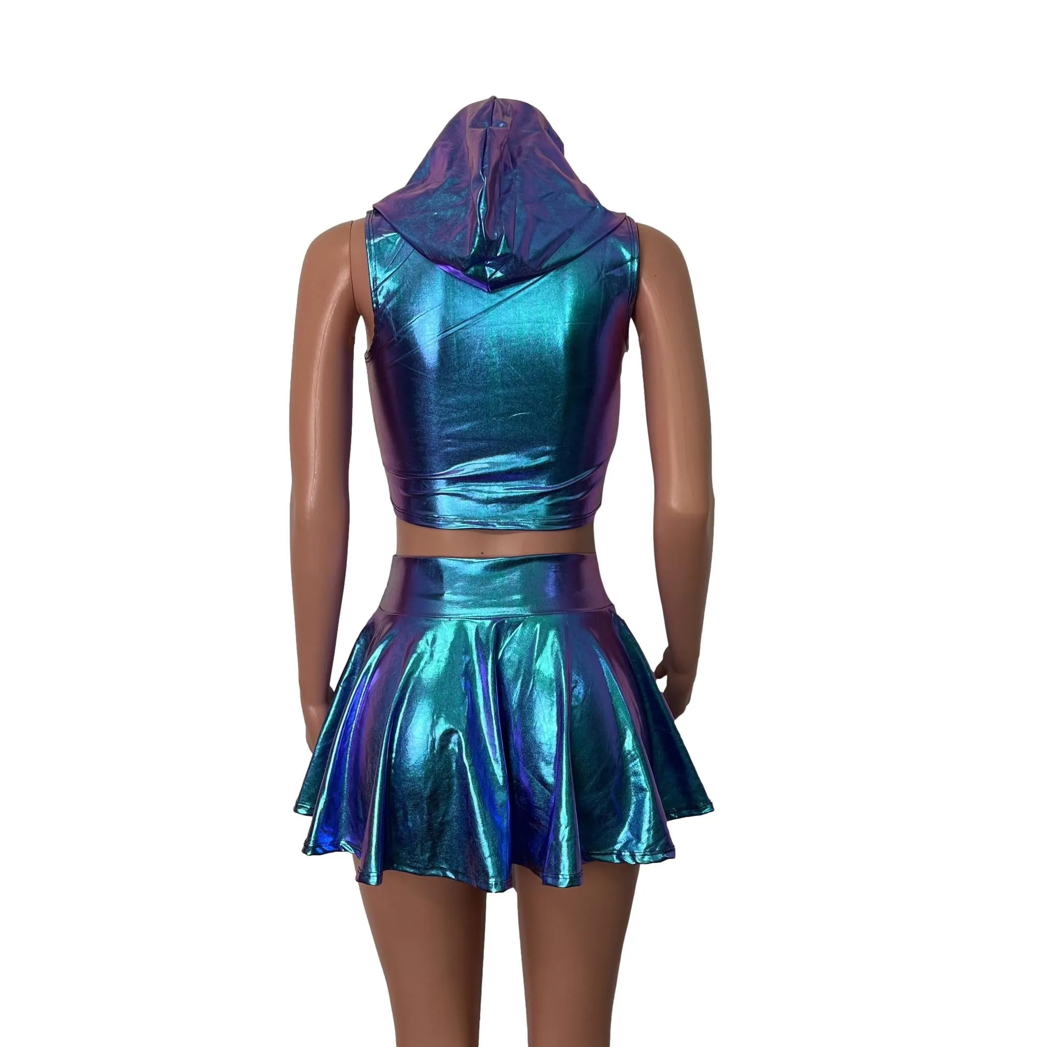 Rave Outfit - Oil Slick Holographic High Waisted Skater Skirt & Sleeveless Cropped Hoodie