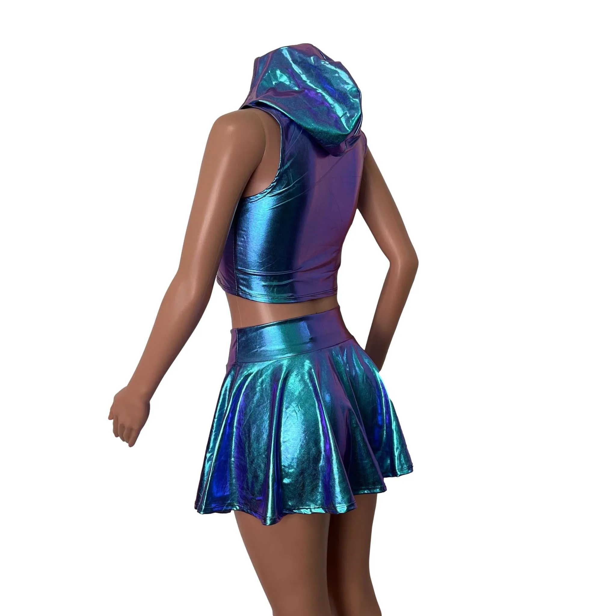 Rave Outfit - Oil Slick Holographic High Waisted Skater Skirt & Sleeveless Cropped Hoodie