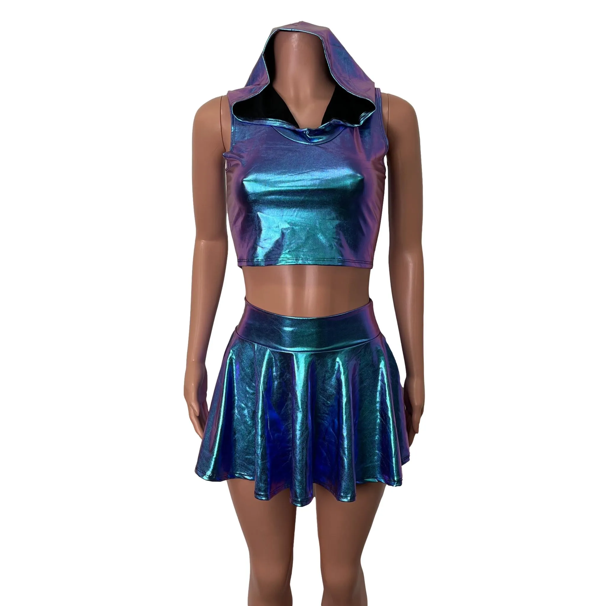 Rave Outfit - Oil Slick Holographic High Waisted Skater Skirt & Sleeveless Cropped Hoodie