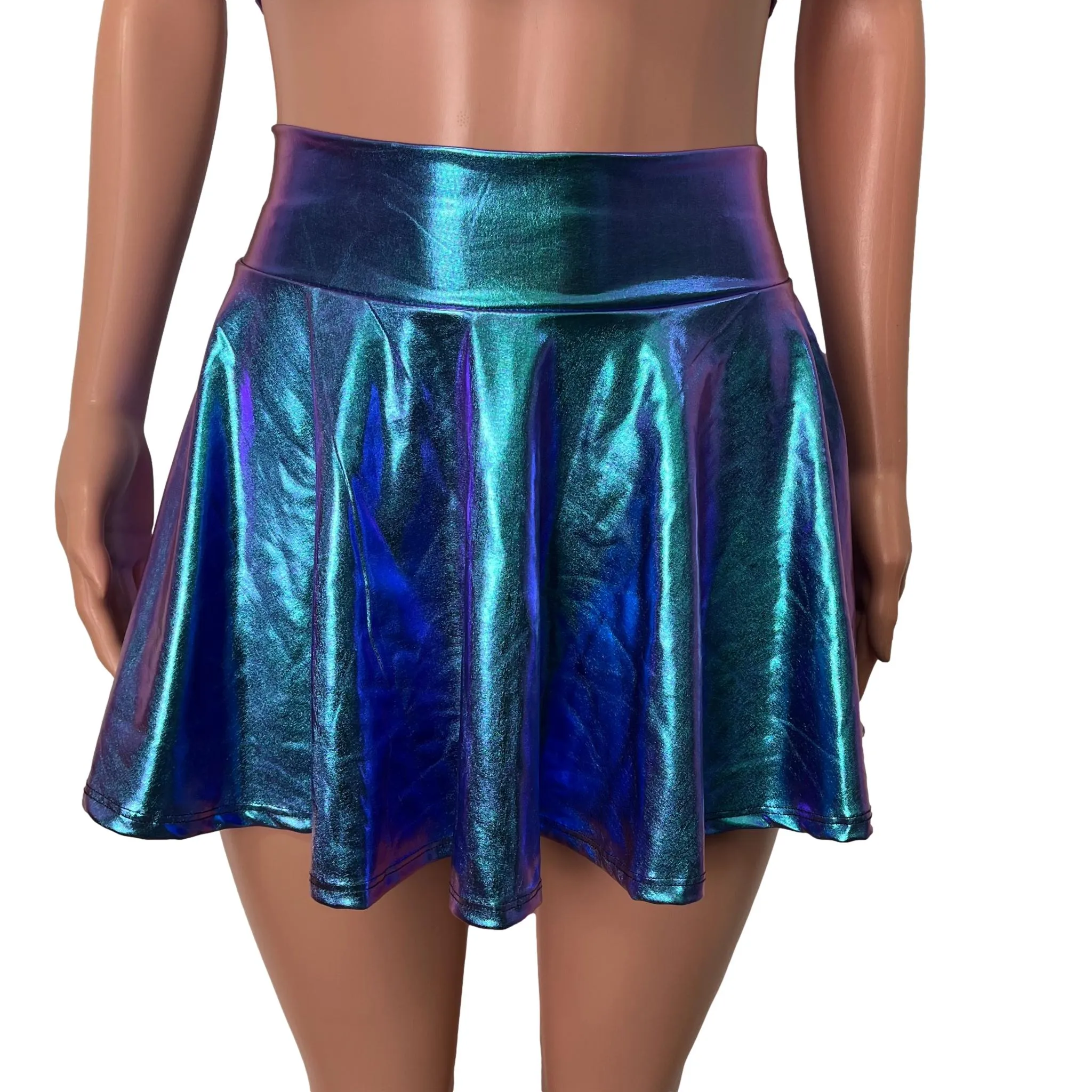 Rave Outfit - Oil Slick Holographic High Waisted Skater Skirt & Sleeveless Cropped Hoodie