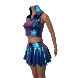 Rave Outfit - Oil Slick Holographic High Waisted Skater Skirt & Sleeveless Cropped Hoodie